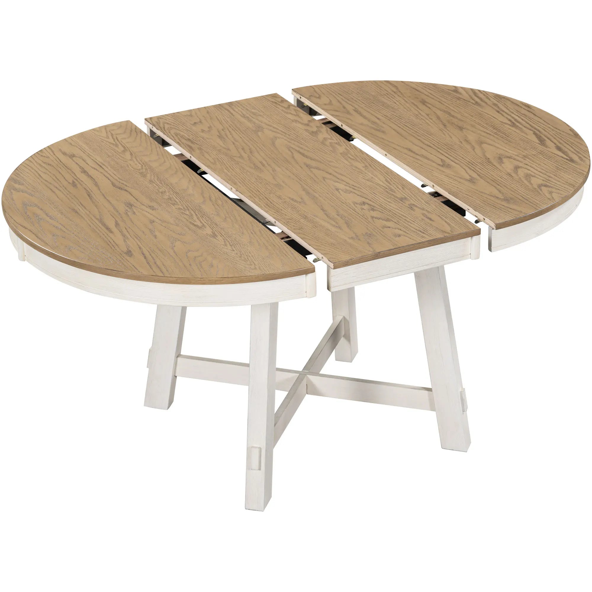 TREXM Farmhouse Round Extendable Dining Table with 16" Leaf (Oak Natural Wood Top + Antique White Finish)