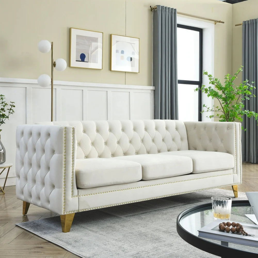 M 3 Seater Sofa Modern Couch Upholstered Button and Metal Legs for Living Room Furniture Lazy Recliner Sofa Set