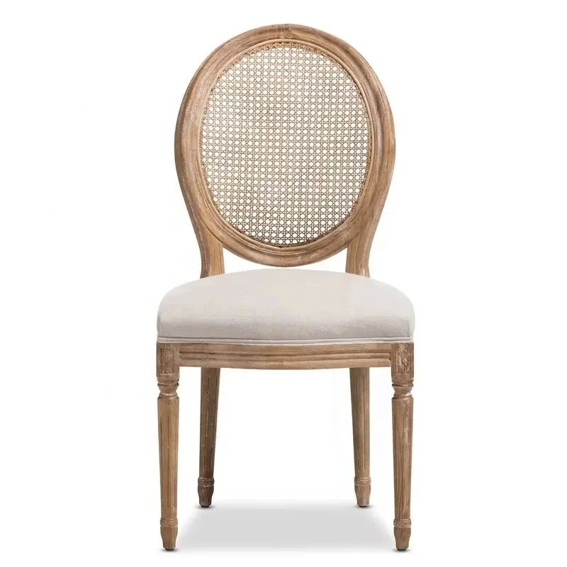 Modern Dining Room Chairs Set of 2, Beige Fabric Rattan Back Antique Wooden French Louis Chair for Hotel Wedding Event