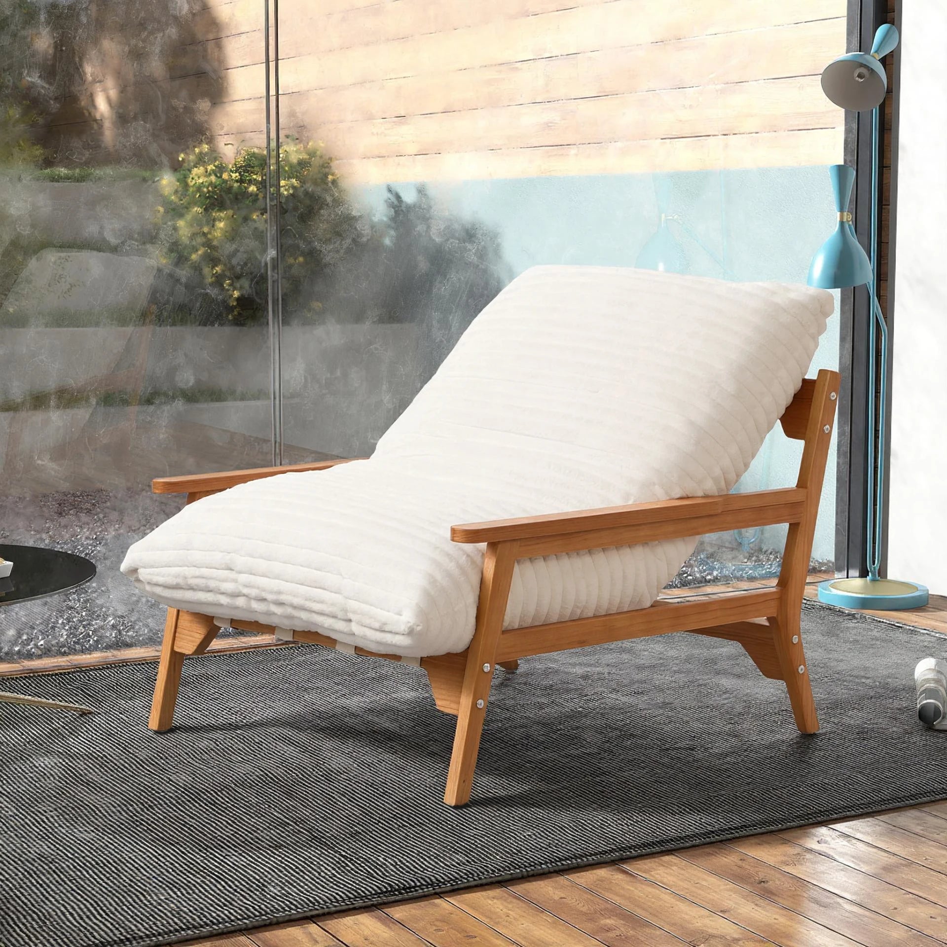 Atunus Solid Wood Lazy Sofa Chair Furniture for Balcony Indoor Beige Sponge Down Filled Sofa With Double Armrests Single Couch