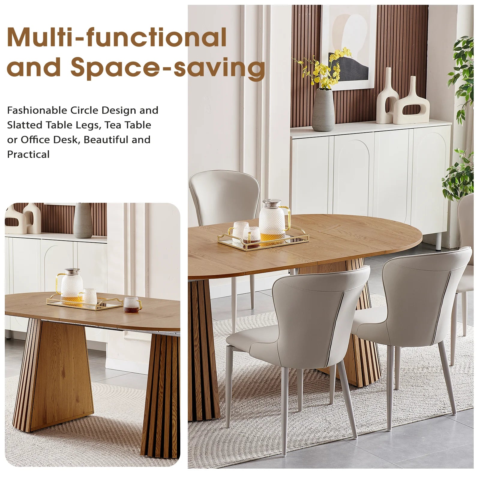 Wooden Modern Durable Extendable Dining Table Multi-functional Space-saving Design with Slatted Legs for Tea Table & Office Desk