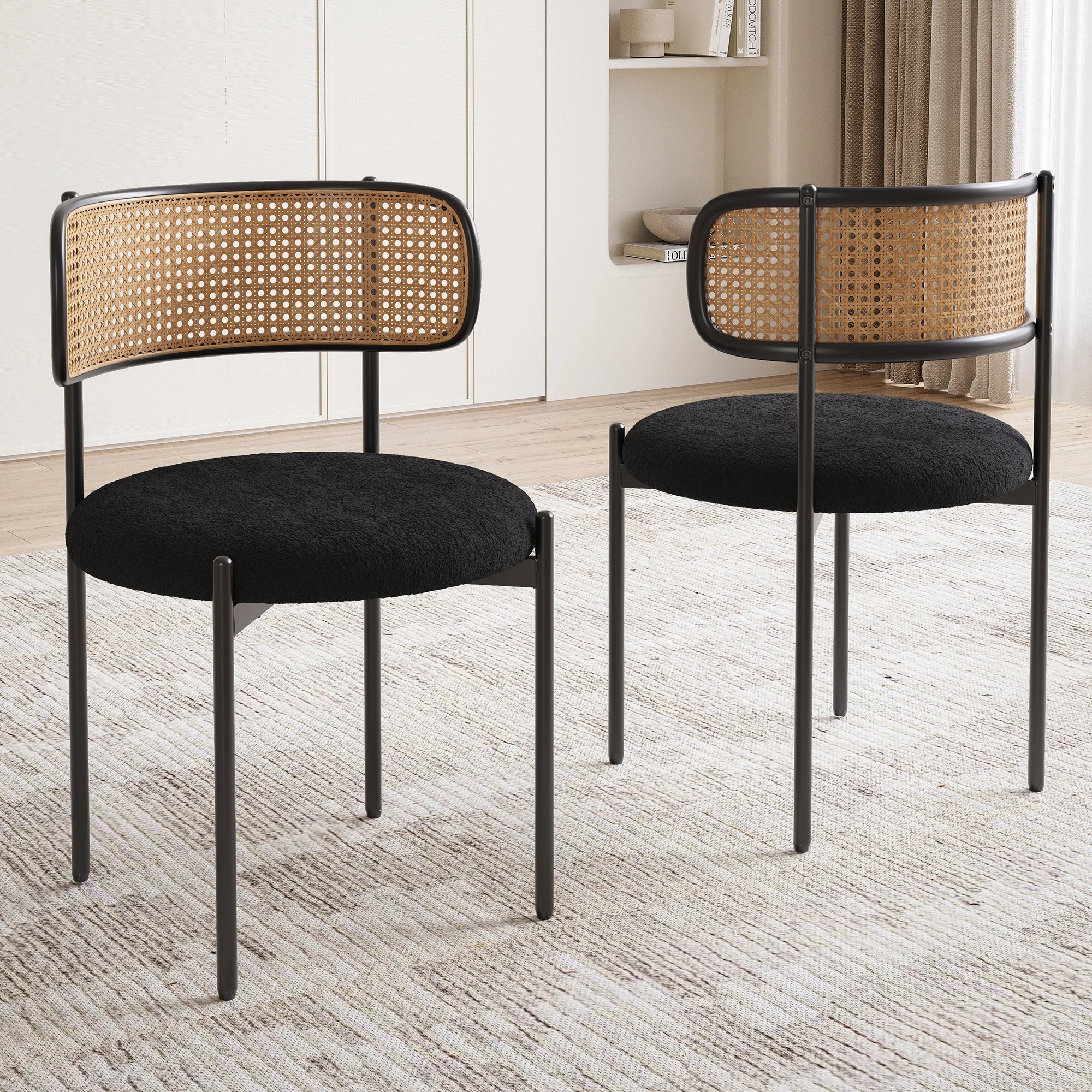 Best Selling Dining Room Kitchen Fabric Upholstered Rattan Back Dining Chair with Black Metal Legs