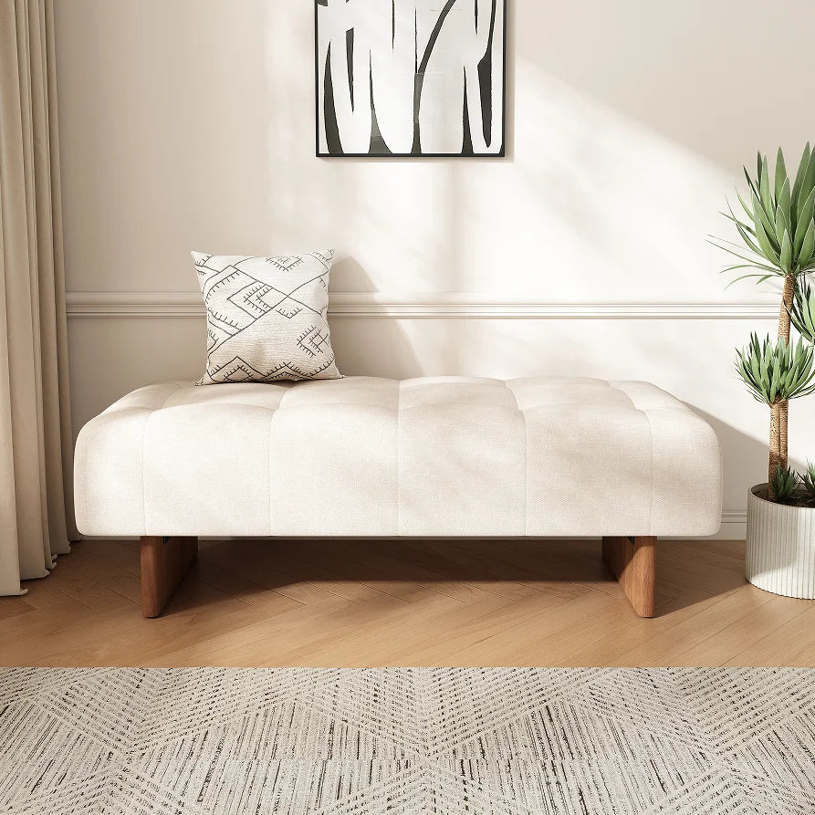 Modern Convertible Adjustable Rectangular Upholstered Tufted Linen Fabric Bench Solid Wood Legs Home Office Bedroom