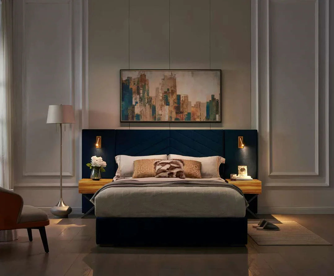 Queen Size Modern Adjustable Velvet Bed Frame with Vertical Channel Tufted Wingback Headboard and Upholstered Platform Bed