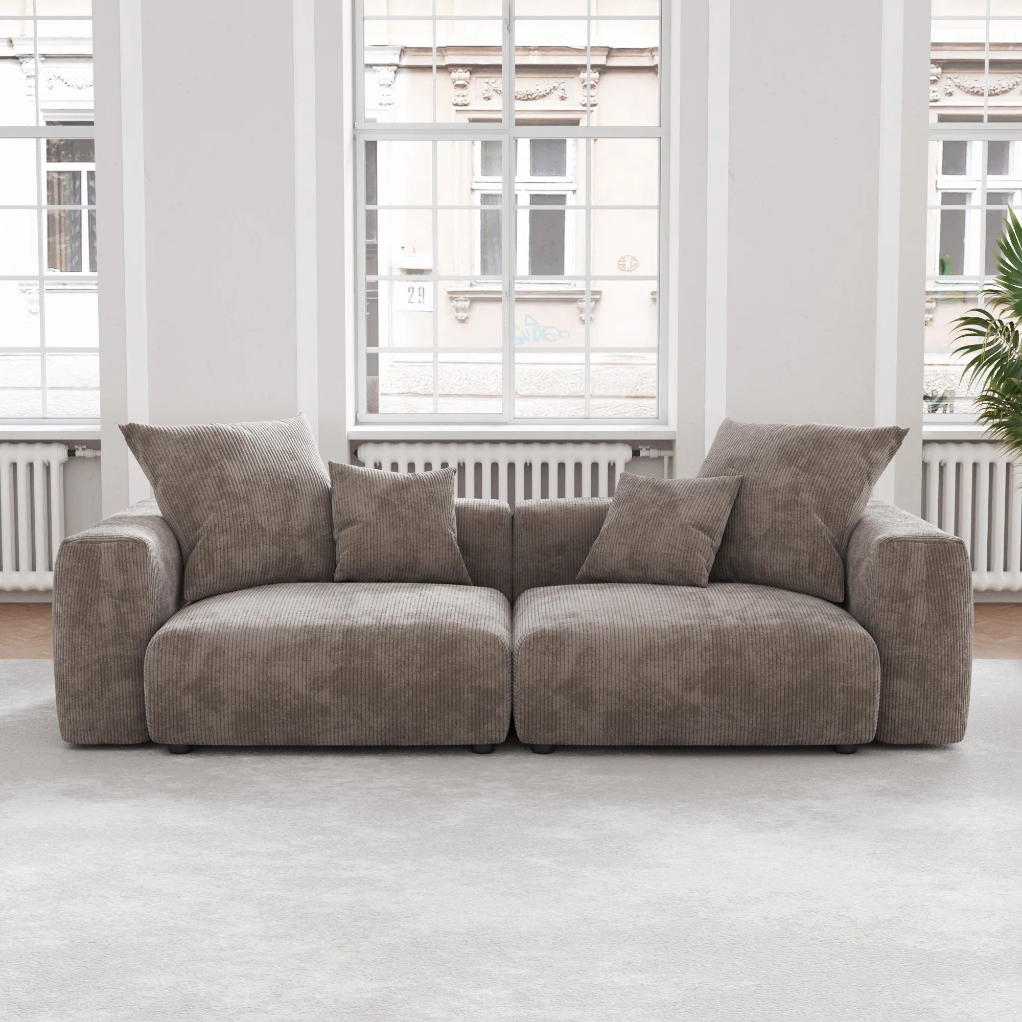 VOXHOME US Drop Shipping Living Room Furniture Nordic Vacuum Compress Brown 3 Seater Corduroy  Modular Sectional Sofa Couch Set