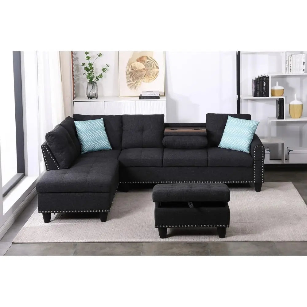 98" Wide Three Seat Left Hand Facing L-Shaped Corner Sectional Sofa Storage Ottoman Eco-Friendly Durable Linen Upholstery Sofa