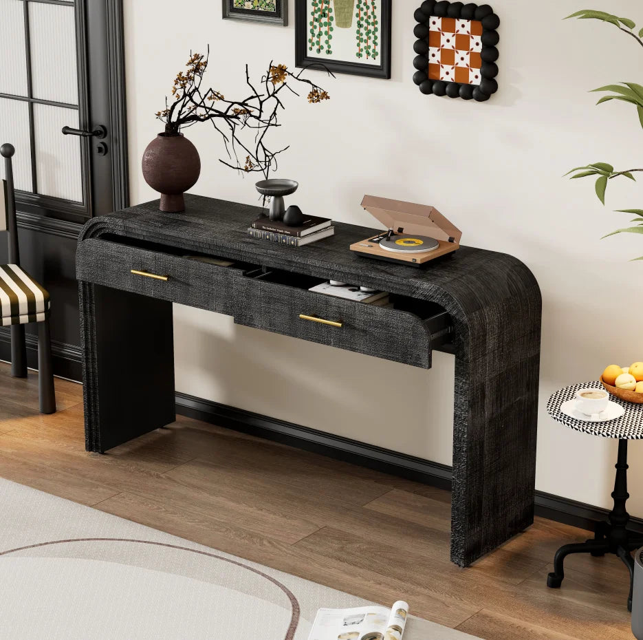 Unique Modern Silhouette Solid Wood Console Table with Open Style Two Top Drawers for Living Room Furniture