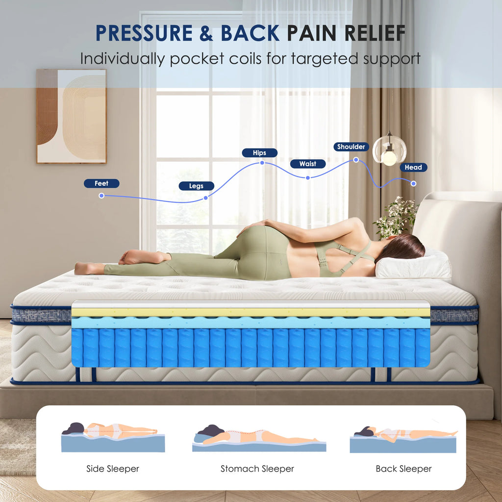 M 12 Inch Queen Size Hybrid Mattress Pocket Spring Coils Memory Foam Bed Mattress Colchon
