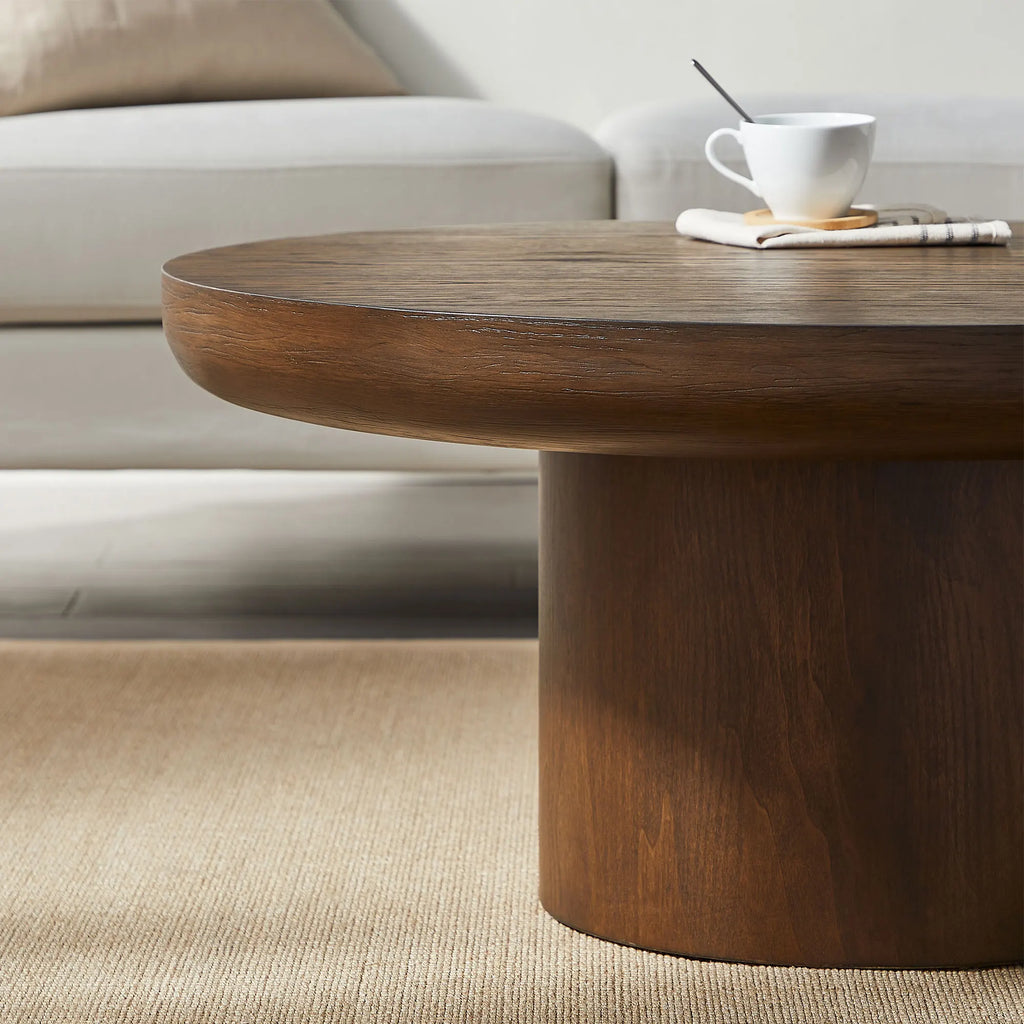 Modern Durable Round Coffee Table with Cylindrical Legs and Wood Veneer Top Rounded Sofa Side Table for Living Room & Office