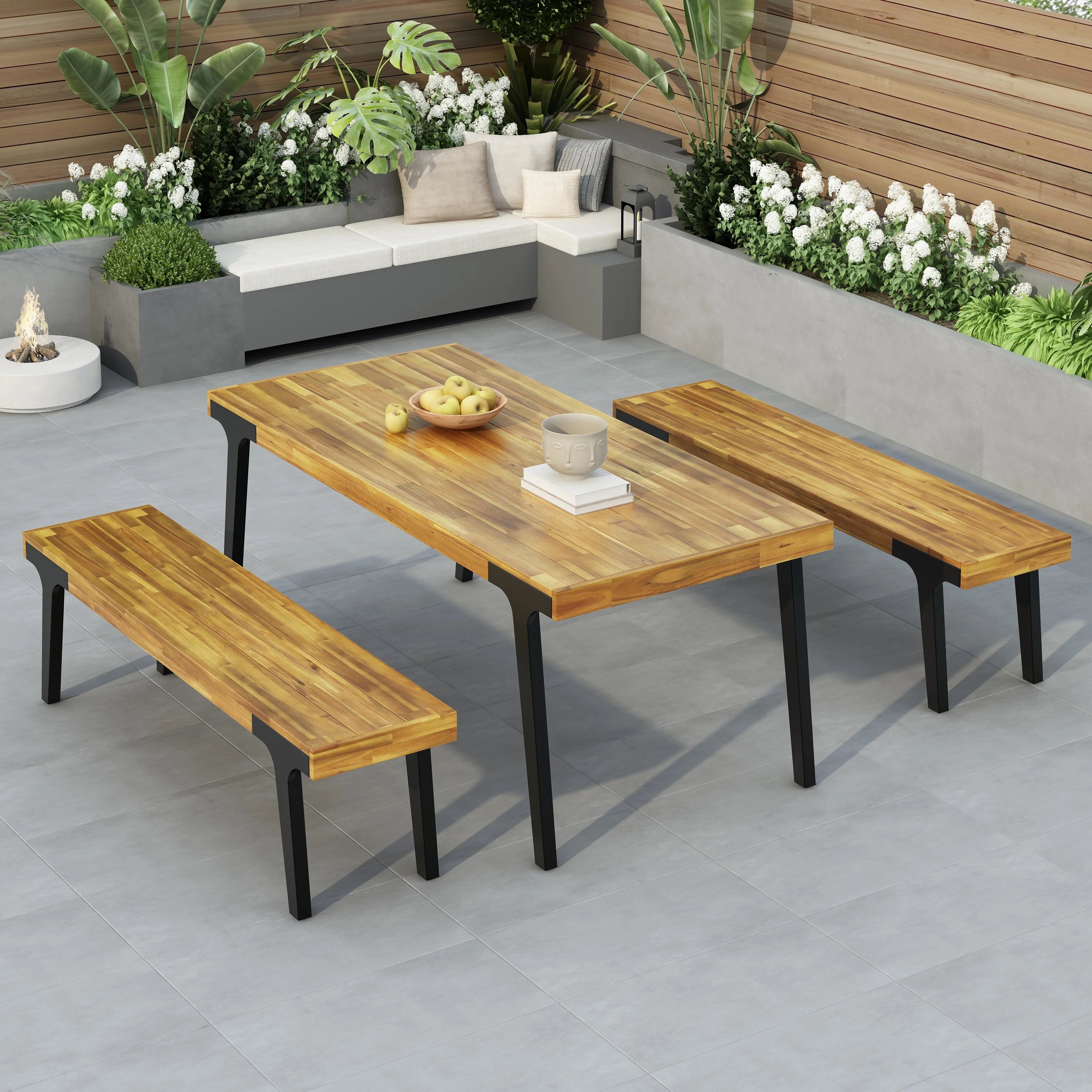 Modern Outdoor Dining Table and Benches Set with Light Teak + Wood