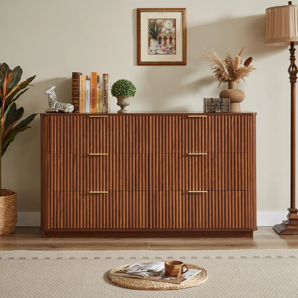 6-Drawer Modern Solid Wood Dresser with Curved Wave Design 55" Wide TV Stand for Bedroom Living Room & Hallway-Oak