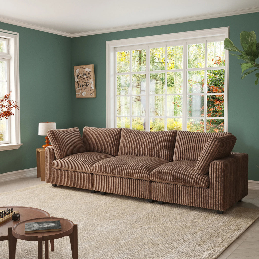 VOXHOME US Drop Shipping Apartment 3 Seater American Corduroy Sofa Living Room Furniture Brown Modular Sectional Couch Sofa Set