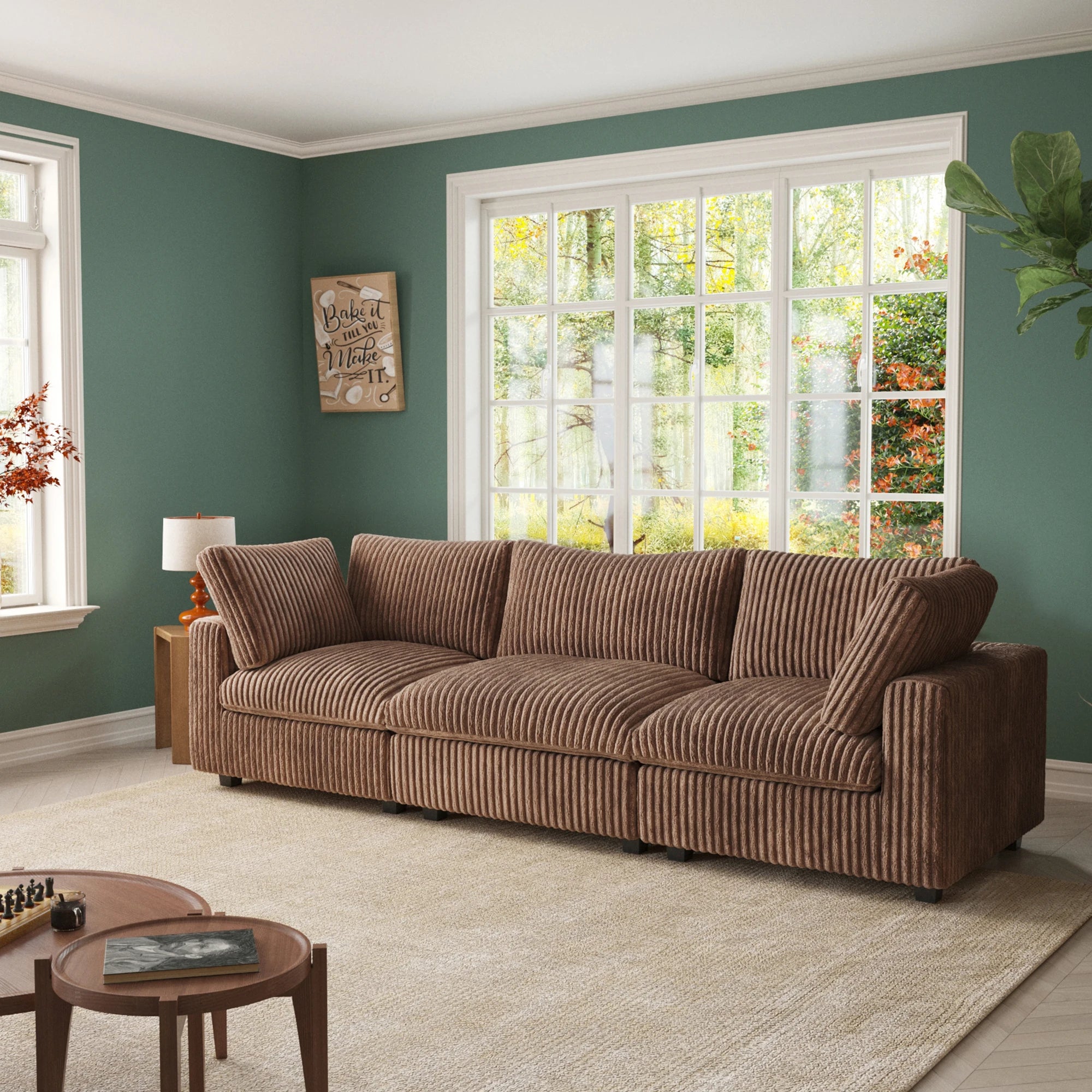 VOXHOME US Drop Shipping Apartment 3 Seater American Corduroy Sofa Living Room Furniture Brown Modular Sectional Couch Sofa Set