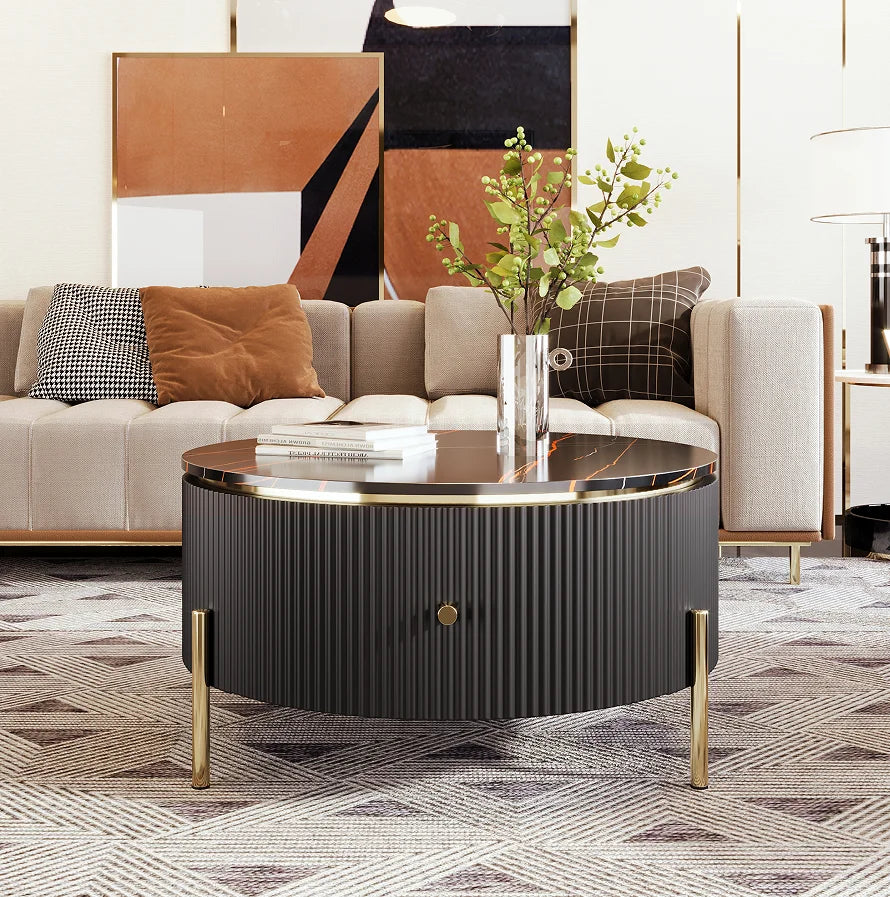 Modern Marble Round Coffee Table with 2 Large Drawers Storage Portable Accent Table for Living Room (31.5'')