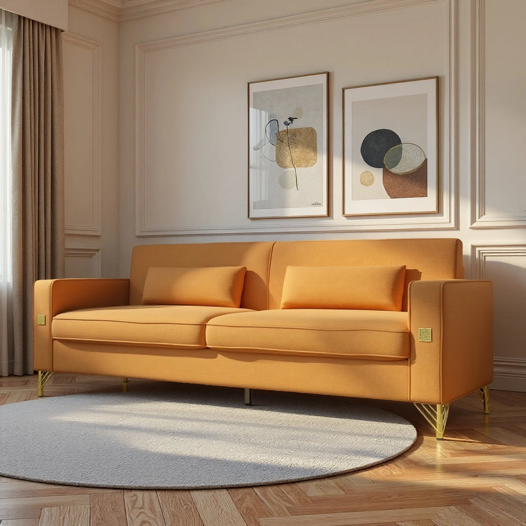 Modern Velvet Reclining Corner Sofa 3-Seater with Metal Legs & Pillows for Hotel & Villa Living Rooms