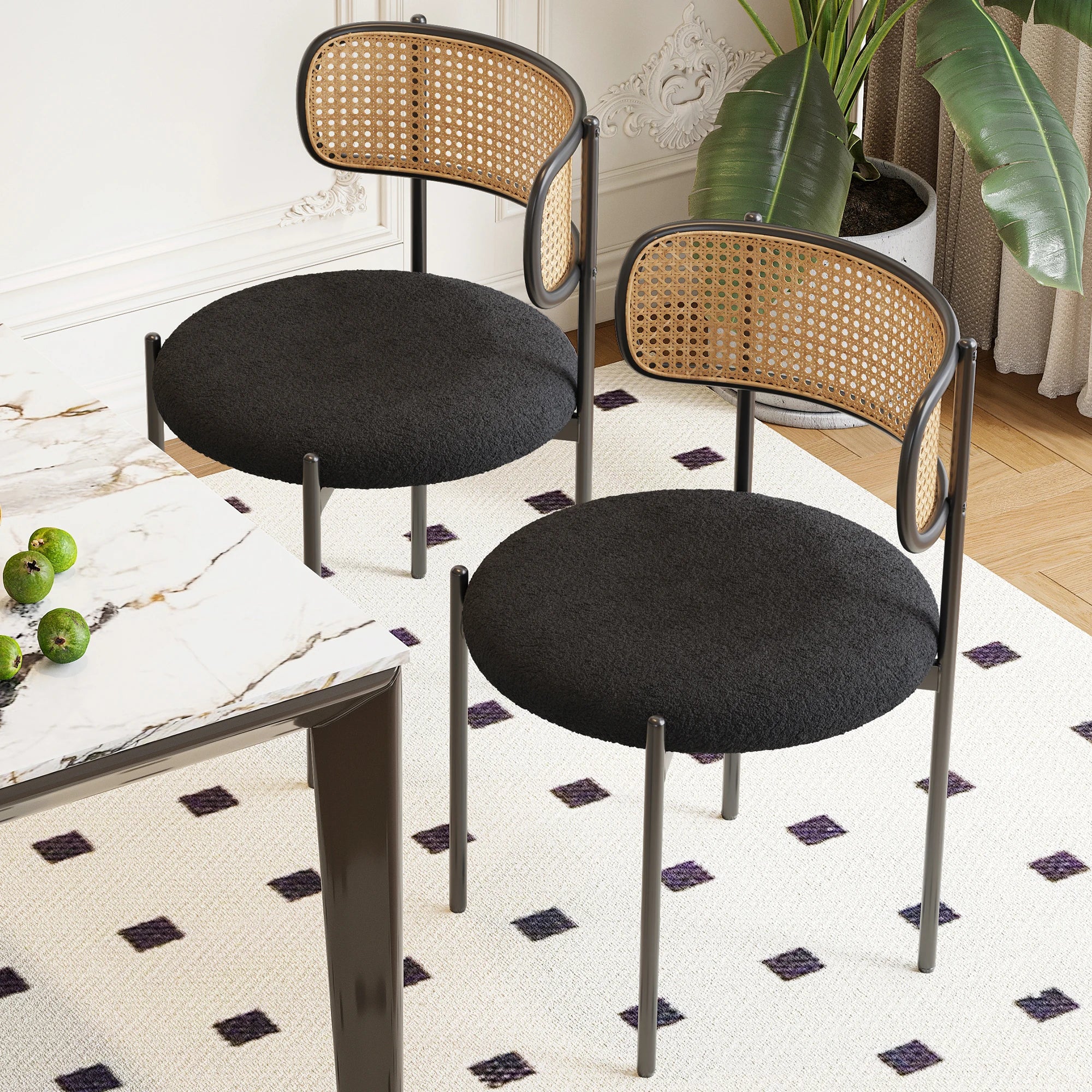 Best Selling Dining Room Kitchen Fabric Upholstered Rattan Back Dining Chair with Black Metal Legs