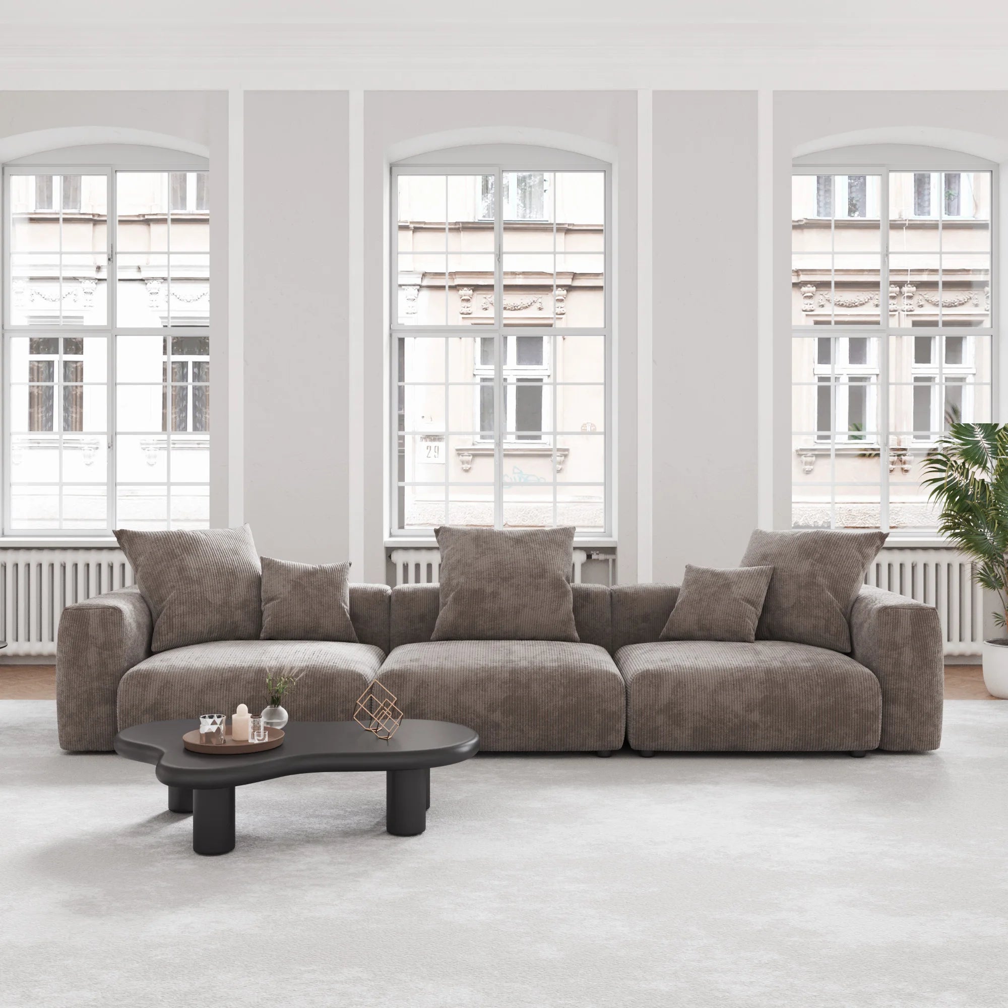 VOXHOME US Drop Shipping Living Room Furniture Nordic Vacuum Compress Brown 3 Seater Corduroy  Modular Sectional Sofa Couch Set