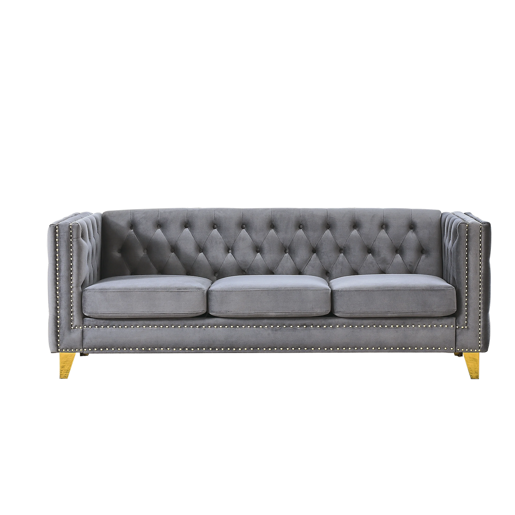 Velvet Sofa Set for Living Room Buttons Tufted Square Arm Modular Couch Modern Upholstered with Wood Legs