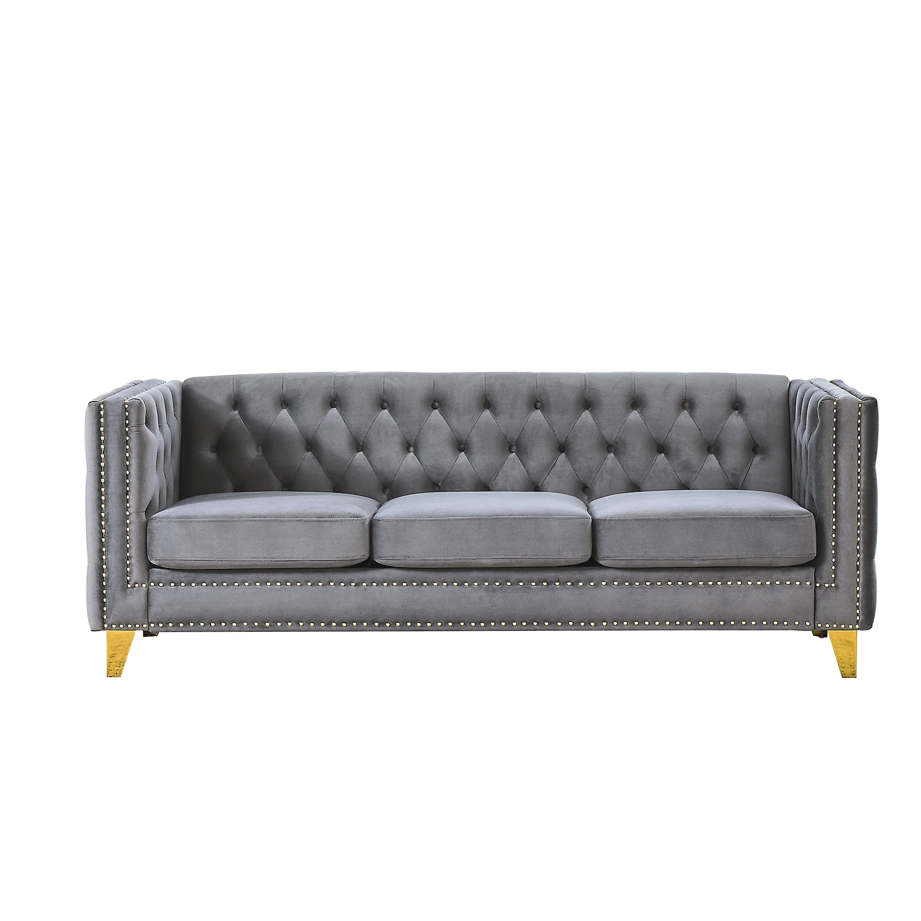 Velvet Sofa Set for Living Room Buttons Tufted Square Arm Modular Couch Modern Upholstered with Wood Legs
