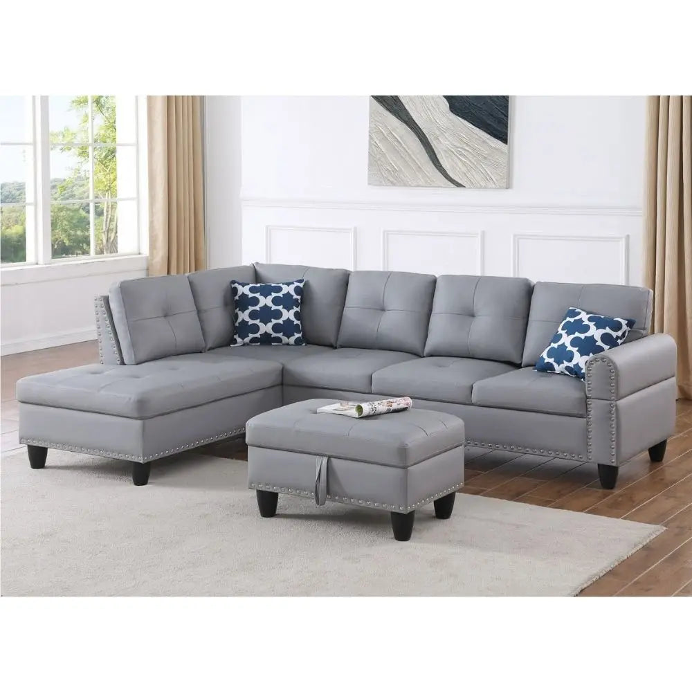 3-Piece L-Shaped Faux Leather Sofa Bed Set with Storage Ottoman Modular Design Eco-Friendly & Durable for Living Room