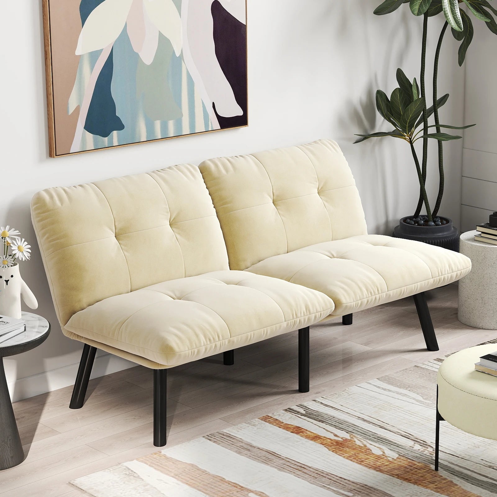 Cream Convertible Folding Modern Sofa Bed - Multi-Functional Space-Saving Lounge Couch for Living Room