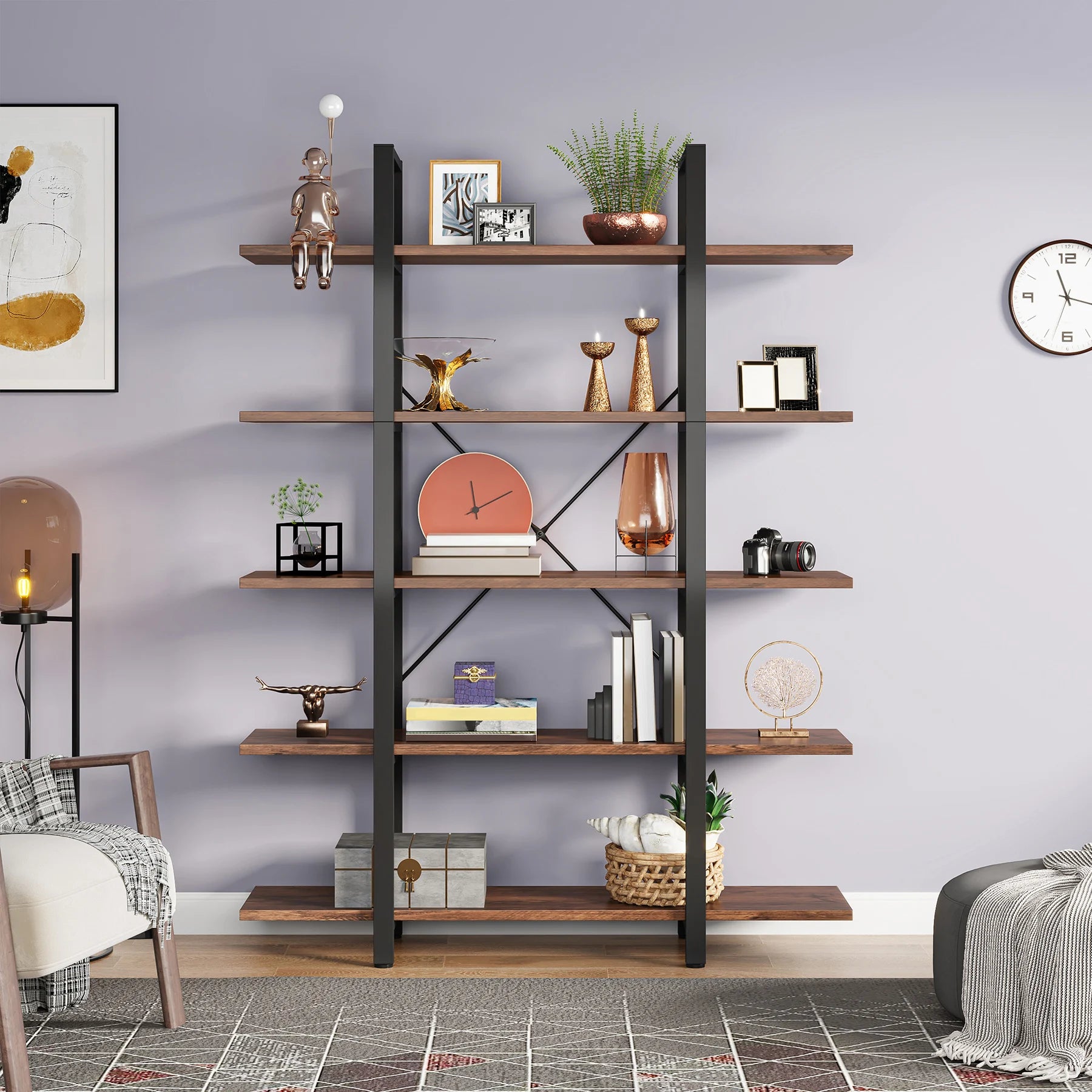 US Local 5-Tier Bookshelf, Industrial Bookcase, Vintage Tall Book Rack, 70" H X 11" D X 47" W, Fo Living Room, Home Office