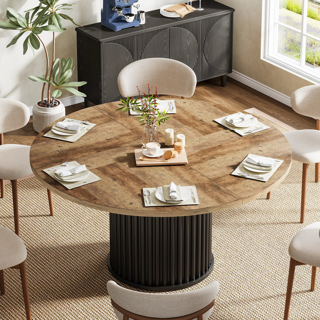 Tribesigns 47 Inch Round Dining Table With Fluted Base for 4 6 Modern Farmhouse in Brown Black for Kitchen Living Room