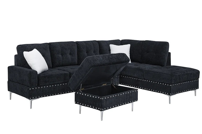 Chenille Sectional 3-Seaters Sofa Set with Chaise Storage Ottoman Metal Legs and Copper Nails Two White Pillows for Apartment