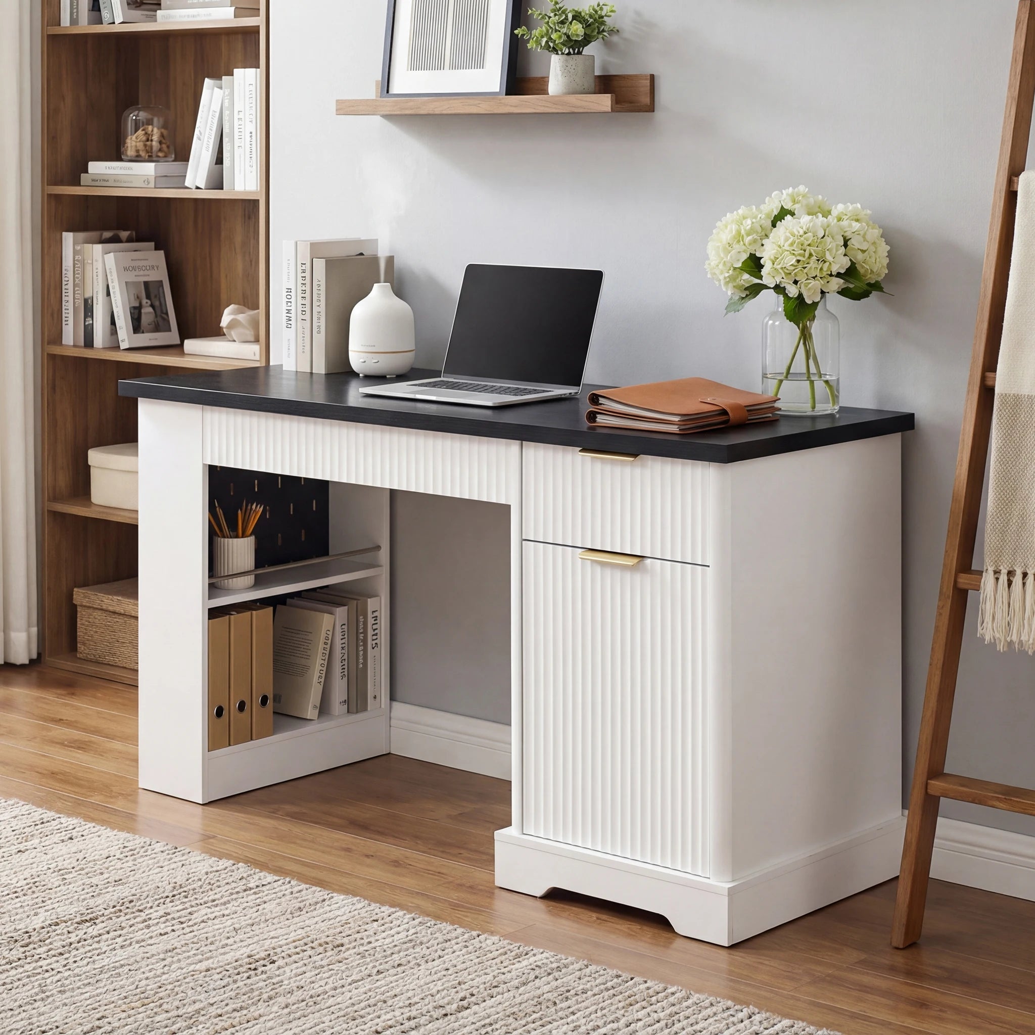 55" Modern Fluted MDF Office Desk Storage Cabinet Drawers Eco-Friendly Durable Power Outlet Built-in Shelves Keyboard Tray Home
