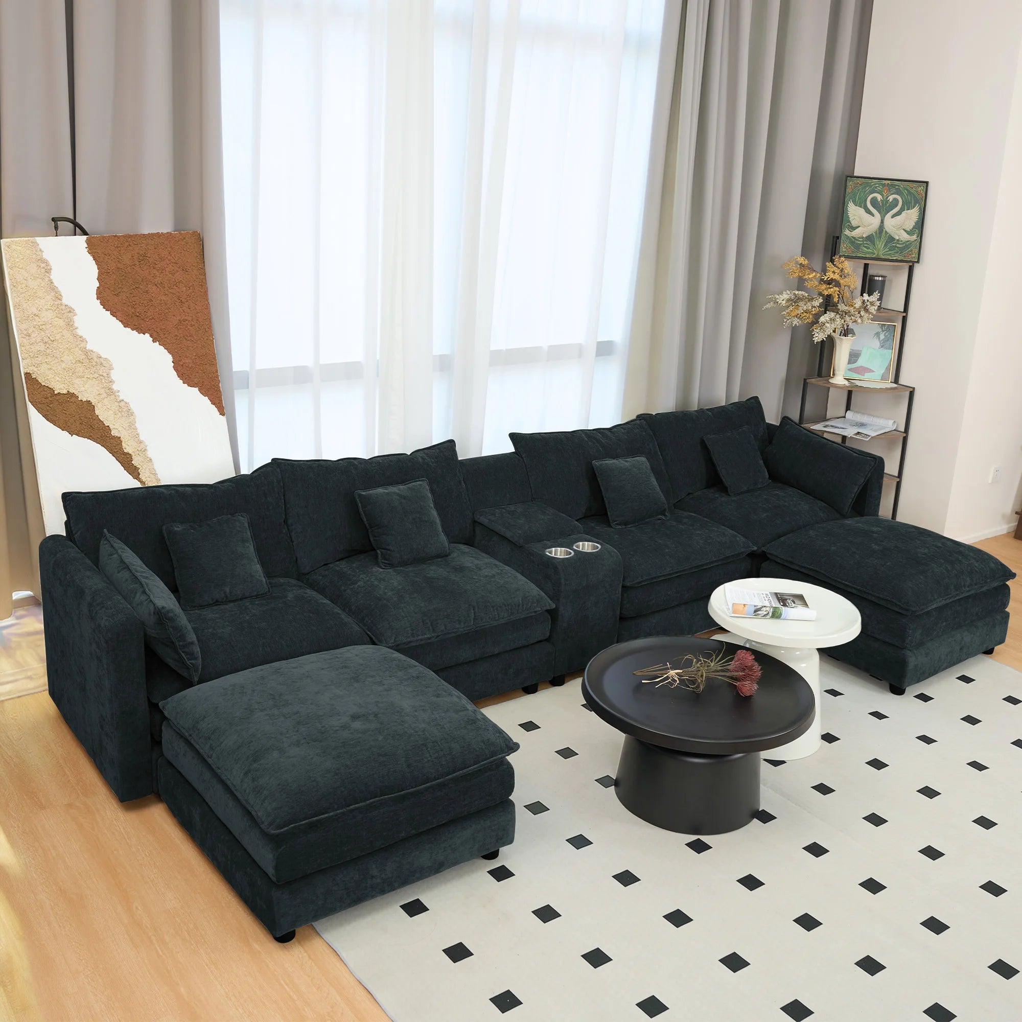 U Shaped Convertible Modular Sectional Sofa Set 144" Comfy Fluffy Chenille 6 Seat Living Room Ottoman