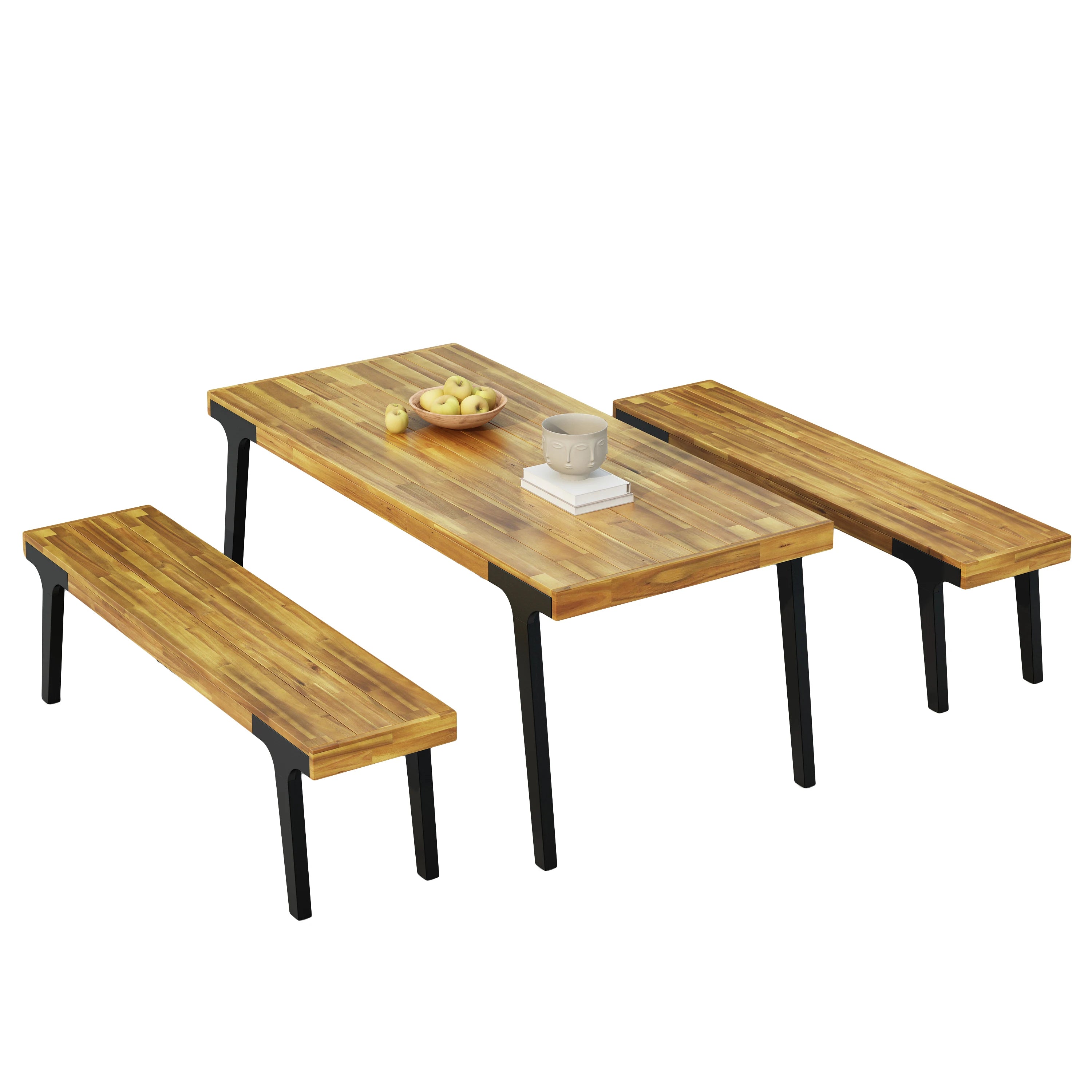 Modern Outdoor Dining Table and Benches Set with Light Teak + Wood