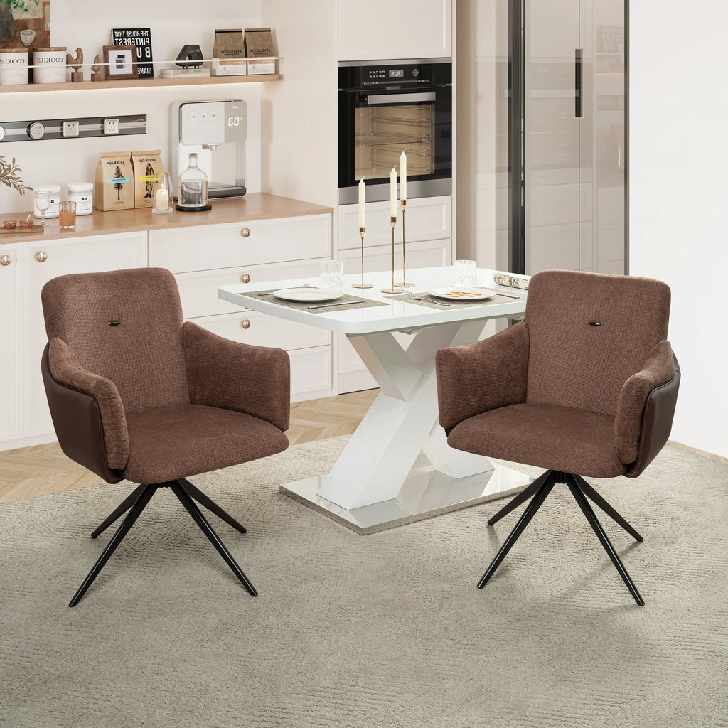 Modern 360 Swivel Home Office Desk Chairs Set of 2 Dining Chairs with Arm Upholstered Bedroom Chairs Metal Base Eco-Friendly