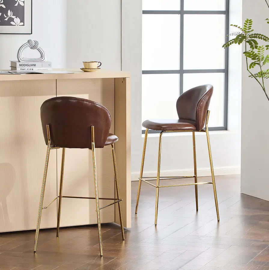 Luxury Modern Steel Bar Chair with Leather Backrest Adjustable High Foot Stool for Kitchen Counter Dining Chair Set of 2