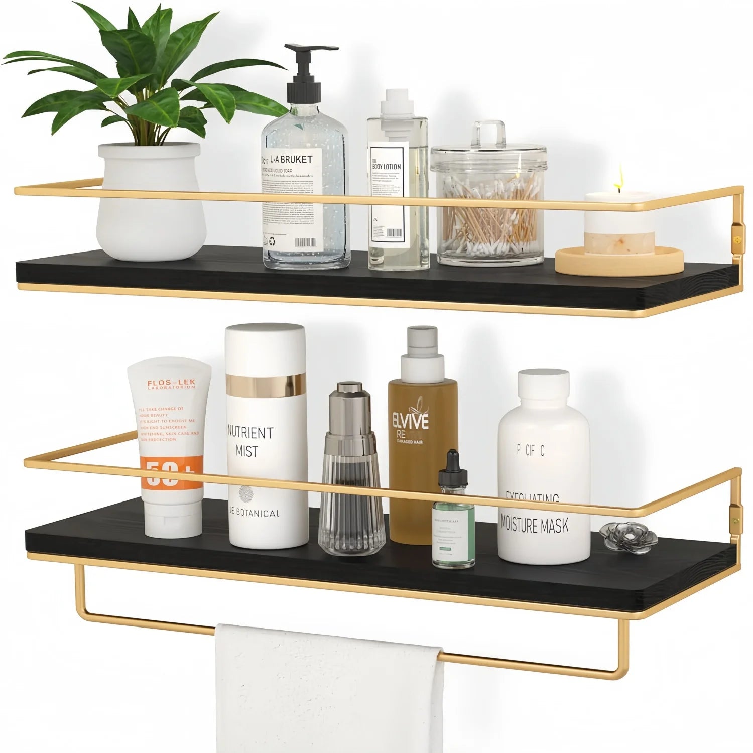 Floating Shelves 15.7 Inches-Set 2 Wall Mounted Hanging Shelves Black Towel Rack Vintage Style Heavy Duty Durable Bathroom