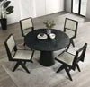 5pc Black Wooden Dining Set with Gray Upholstery Tempered Wood Top Table Chairs 48" Round Apartment-Friendly
