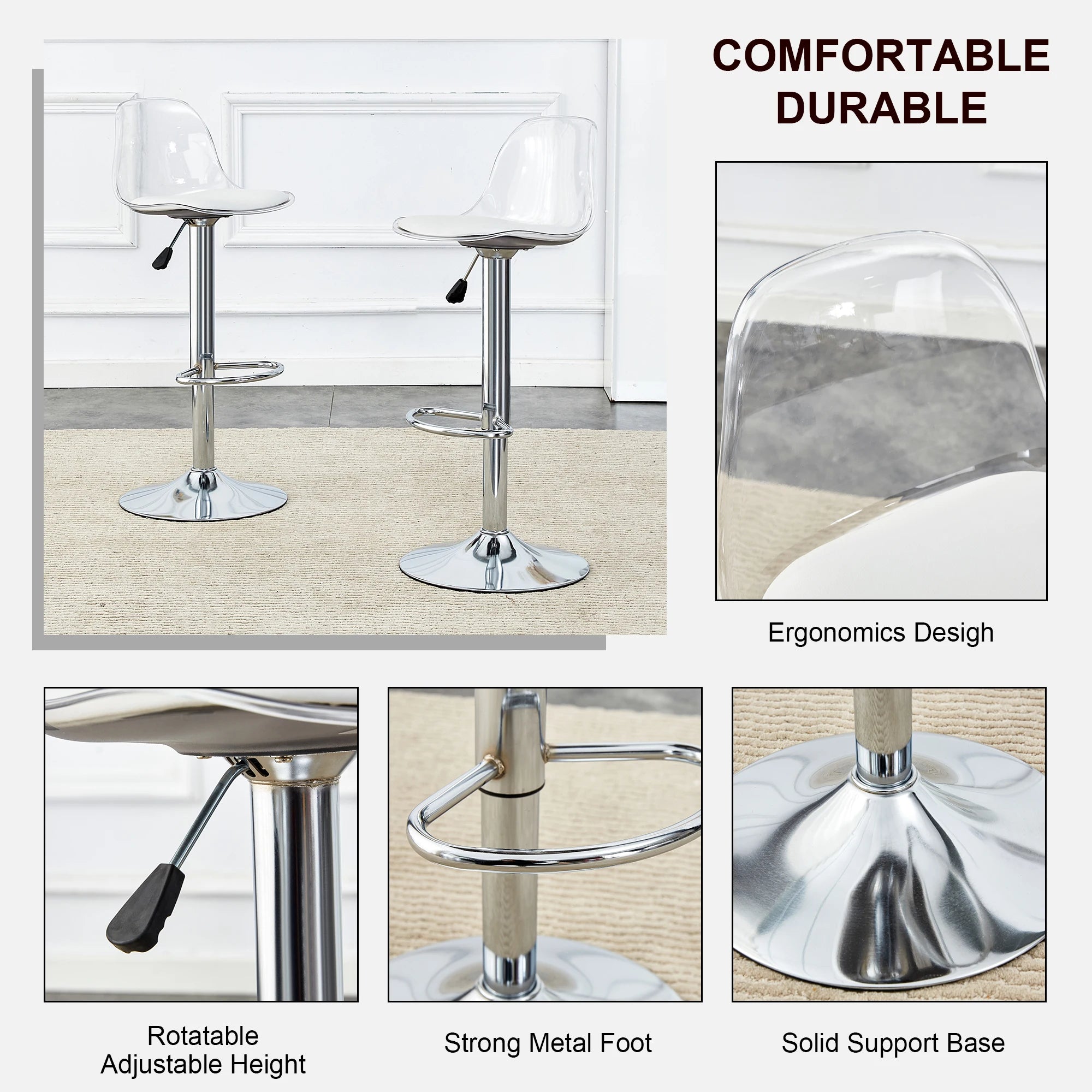 Modern Metal Base Bar Chairs & Stools 360 Rotatable Adjustable Height Lightweight Fabric Seats Set of 2