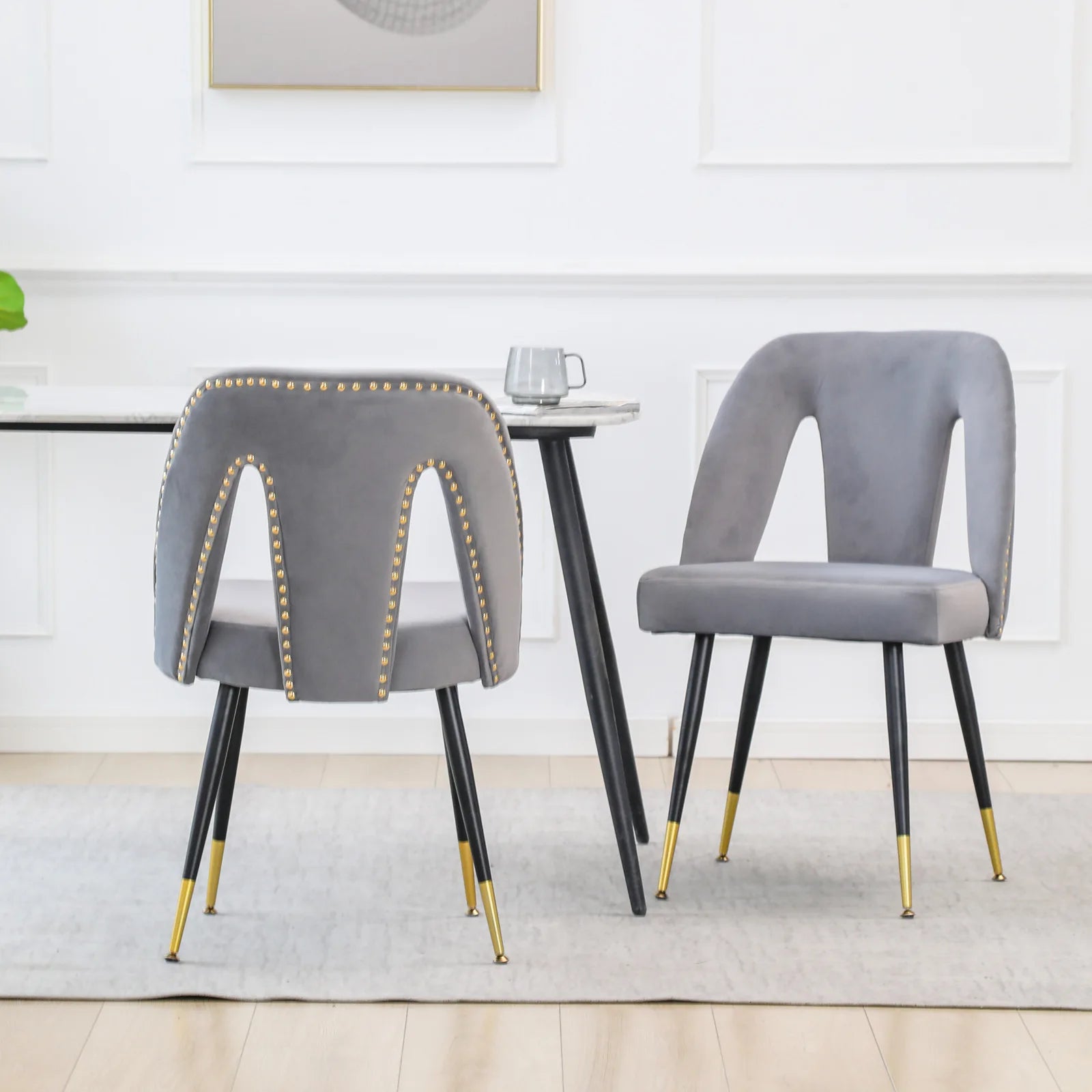 Furniture Collection Modern Contemporary Velvet Upholstered Dining Chair with Nailhead and Gold Tipped Black Metal Legs Set of 2