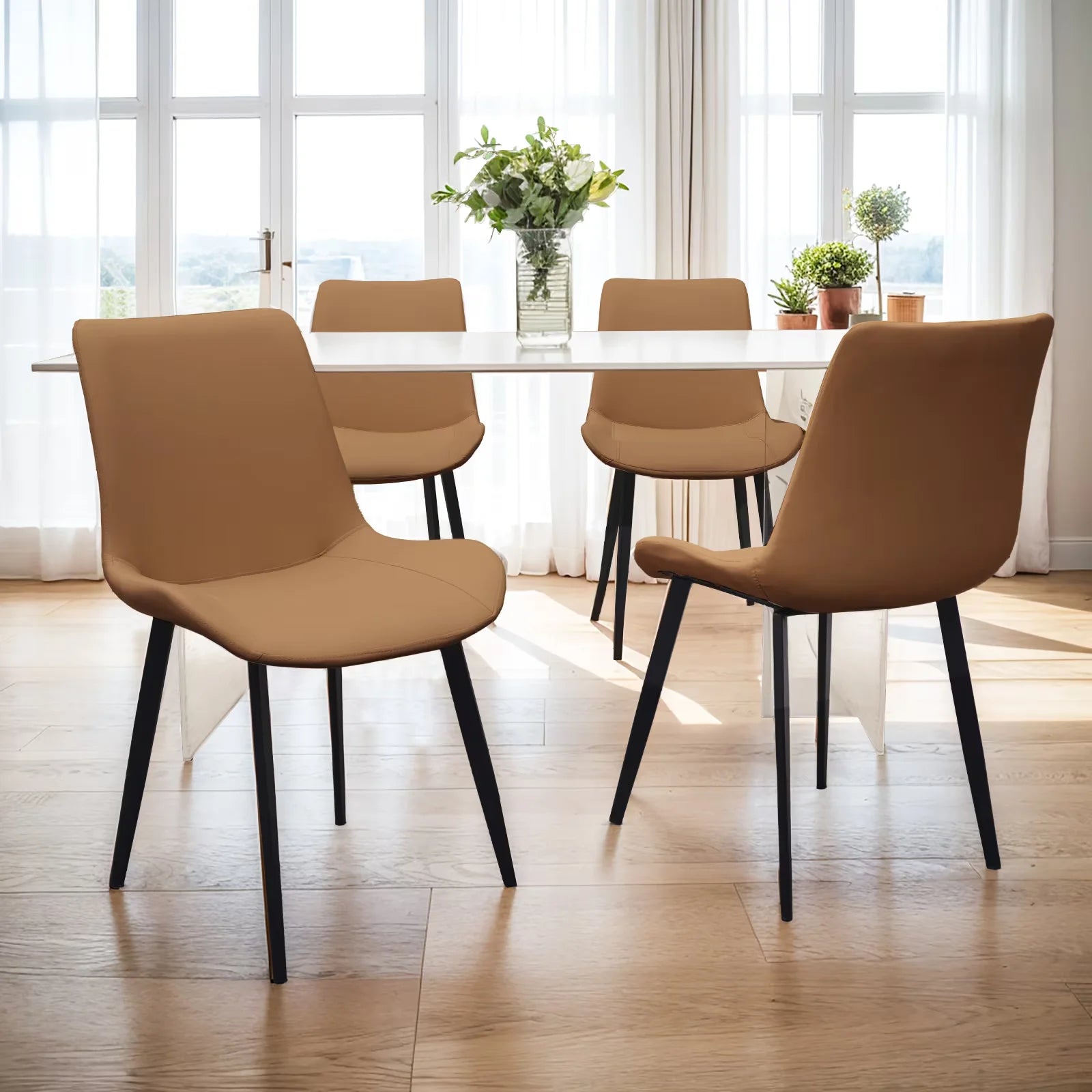 Solid Brown Carbon Steel Dining Chair with Modern Upholstery Metal Legs Set of 4 for Home Dining