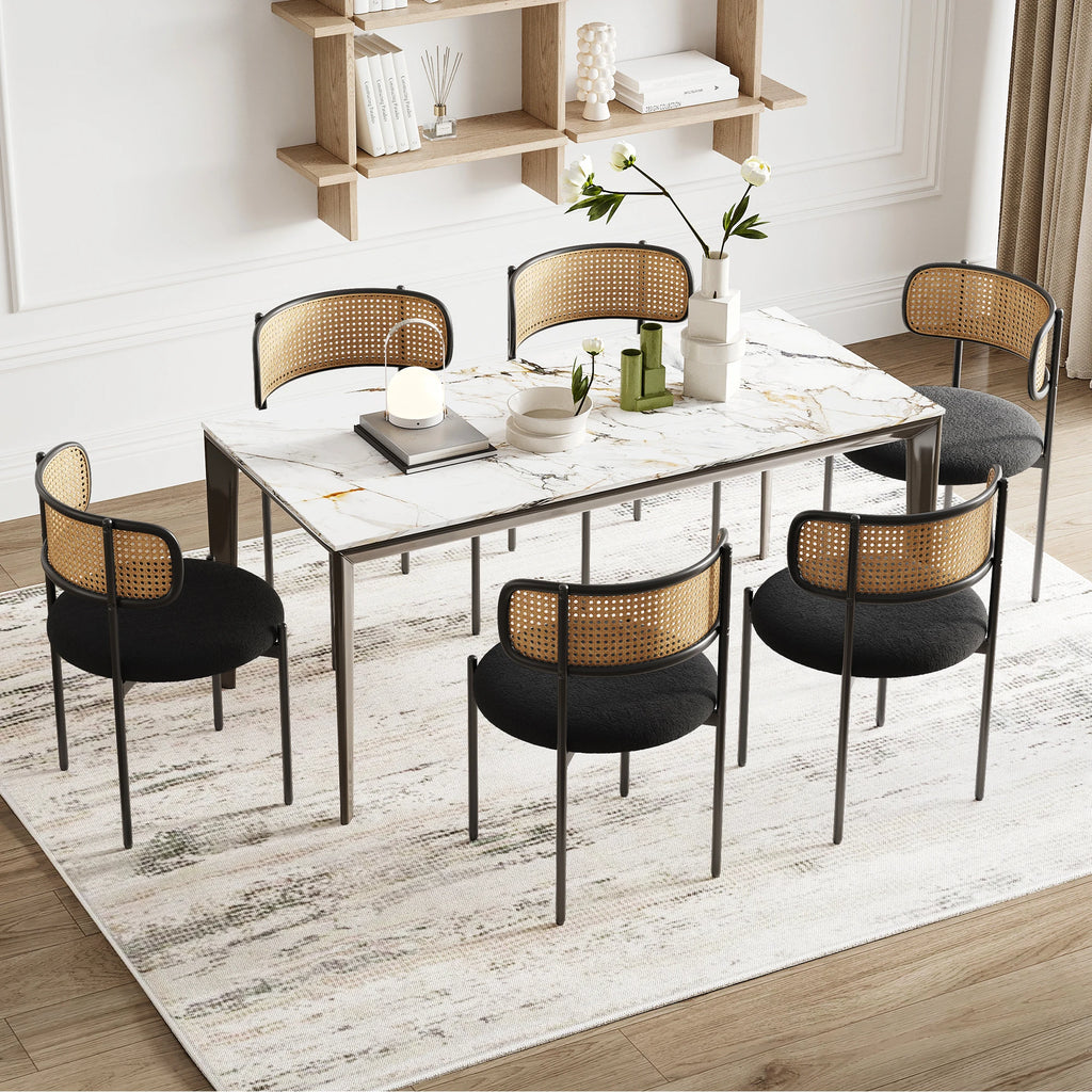 Best Selling Dining Room Kitchen Fabric Upholstered Rattan Back Dining Chair with Black Metal Legs