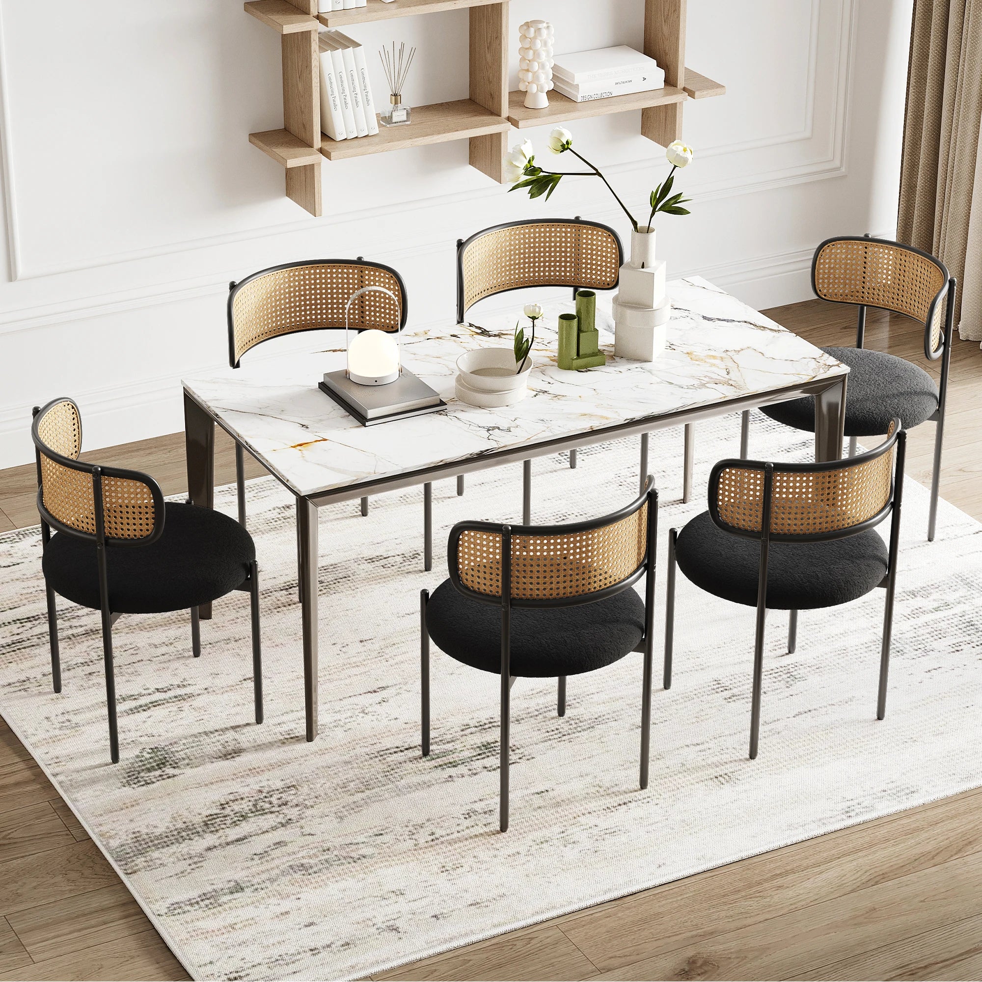 Best Selling Dining Room Kitchen Fabric Upholstered Rattan Back Dining Chair with Black Metal Legs