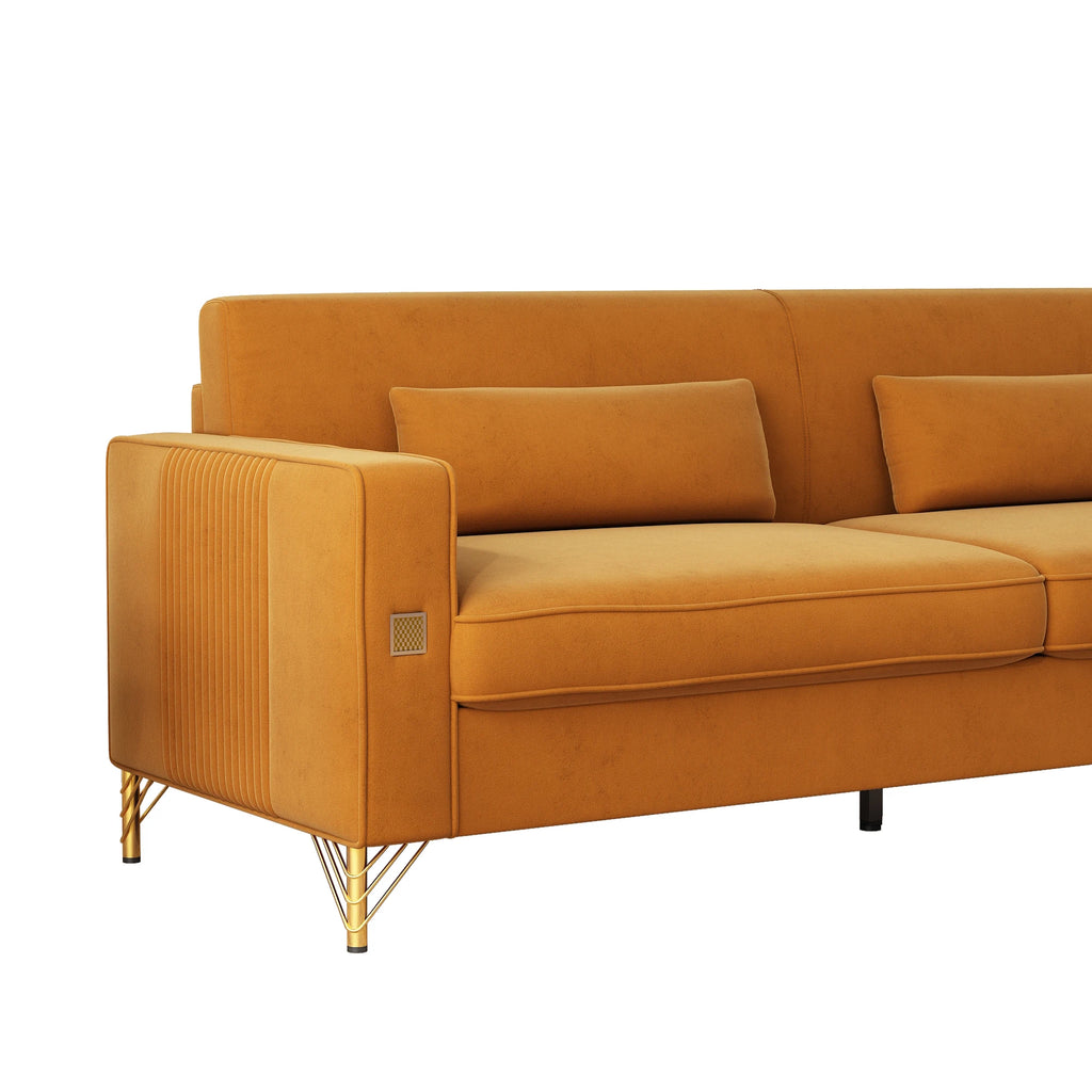 Modern Velvet Reclining Corner Sofa 3-Seater with Metal Legs & Pillows for Hotel & Villa Living Rooms