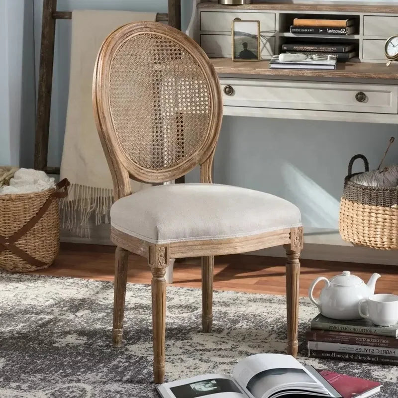Modern Dining Room Chairs Set of 2, Beige Fabric Rattan Back Antique Wooden French Louis Chair for Hotel Wedding Event