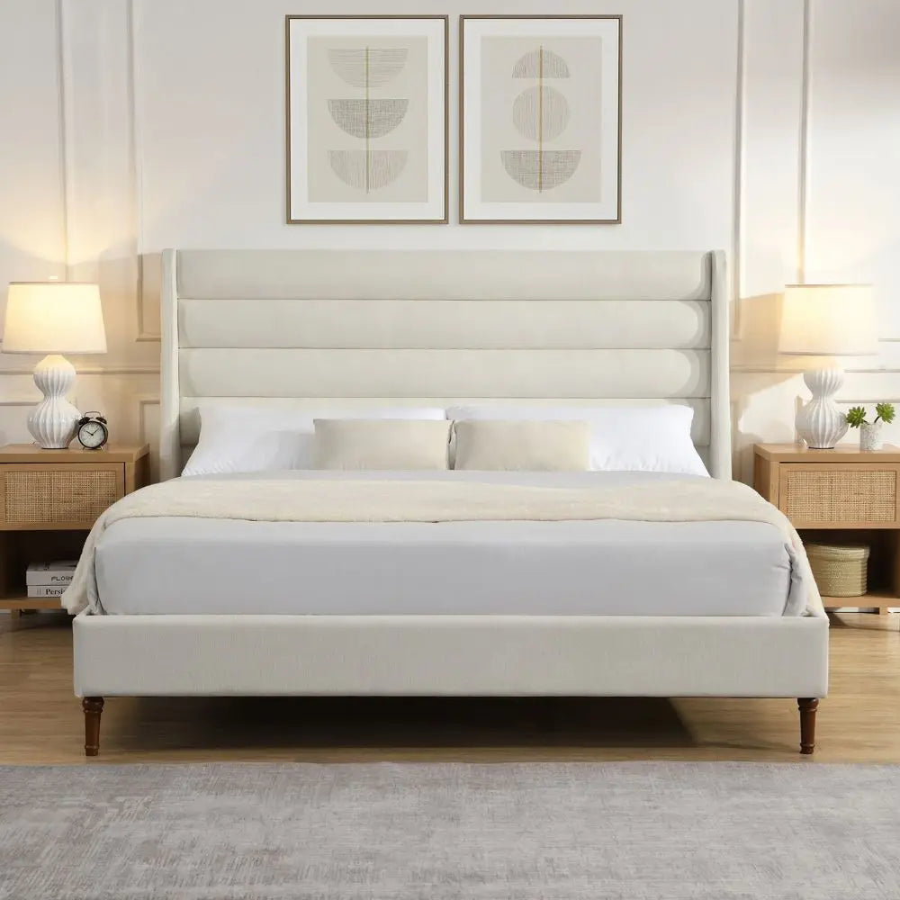 Customized Easy Installation Beige High Density Sponge King  Queen Size Double Bed Frame Manufacturer