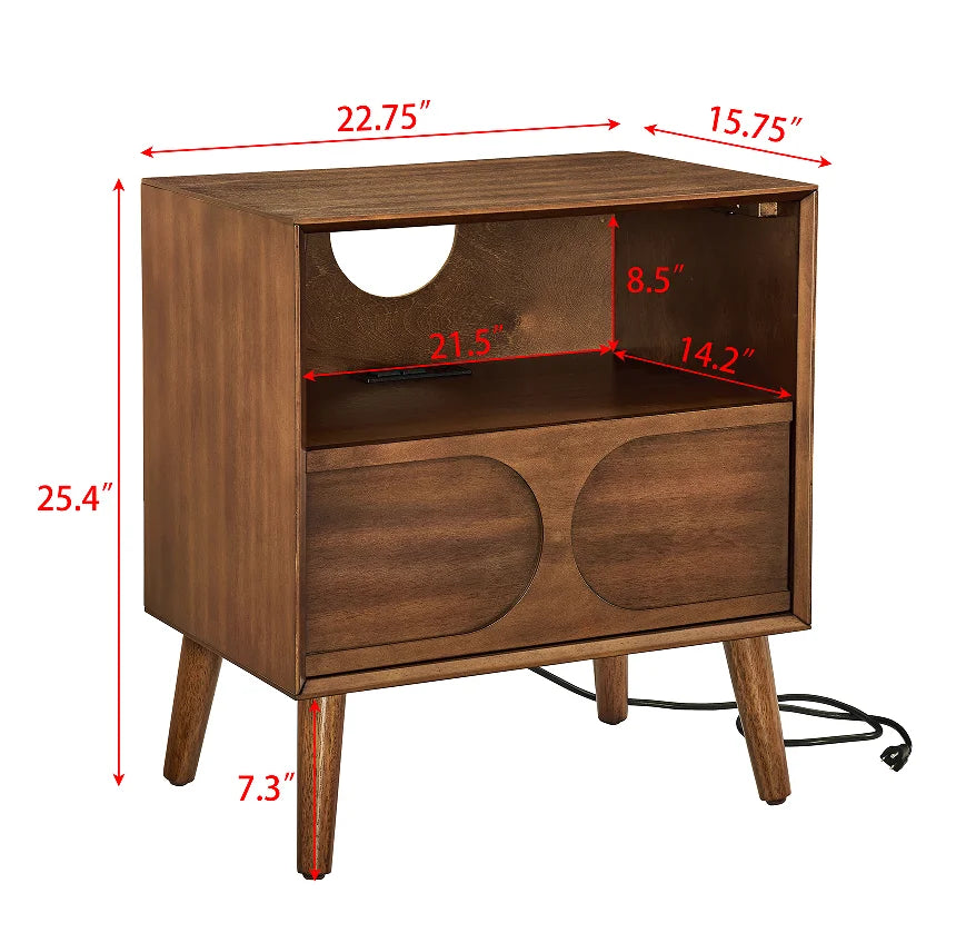 Mid Century Modern Fluted Bedroom Nightstand with Charging Station USB Ports & Outlet Hole & 4 Solid Wood Legs Eco-Friendly