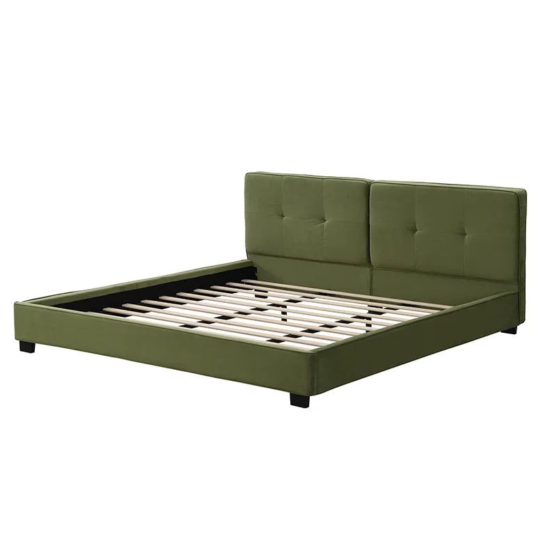 King Size Adjustable Velvet Bed Frames Modern Upholstered Platform Bed with Curved Tufted Headboard and Soft Square Corners