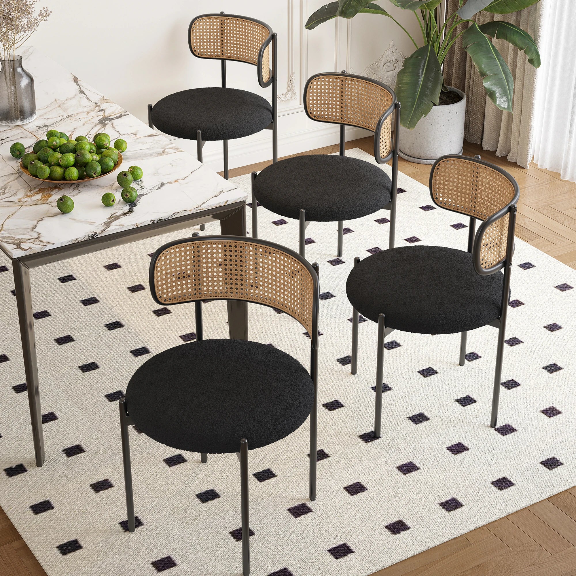 Best Selling Dining Room Kitchen Fabric Upholstered Rattan Back Dining Chair with Black Metal Legs