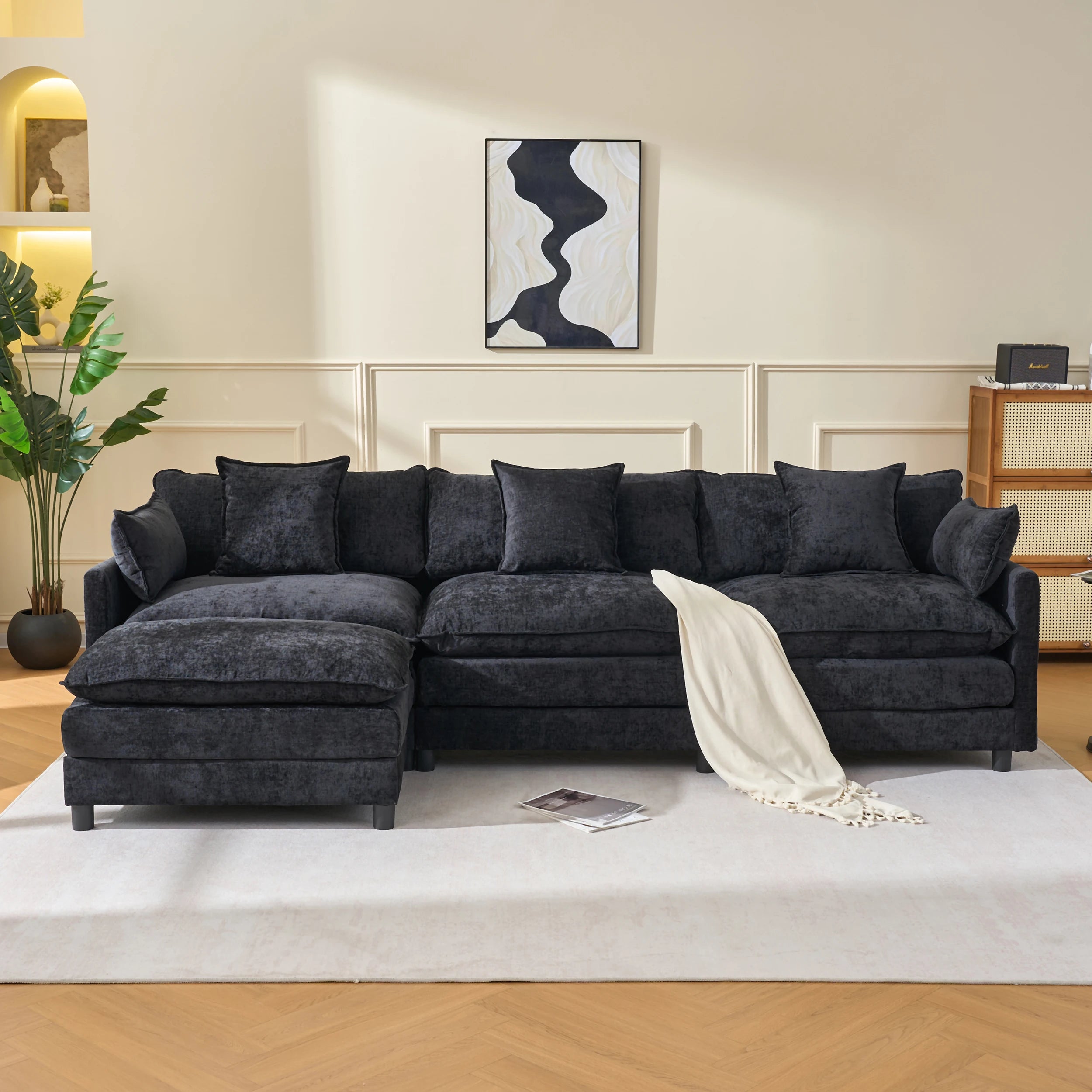 Black Chenille Fabric L-Shaped Modern Convertible Modular Sectional Sofa Three Seat Soft Pillow Ottoman for Apartment Living