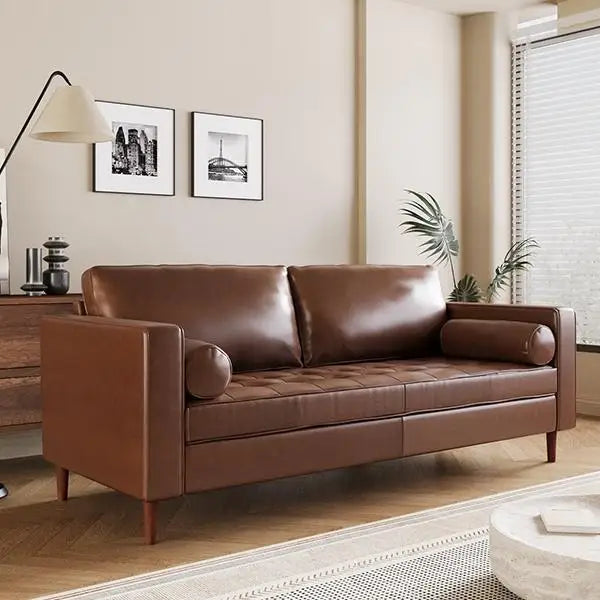 Mirod Mid- Modern PU Leather 3-Seat Sofa Tufted Design Solid Wood Legs 2 Bolster Pillows Living Room Home Office