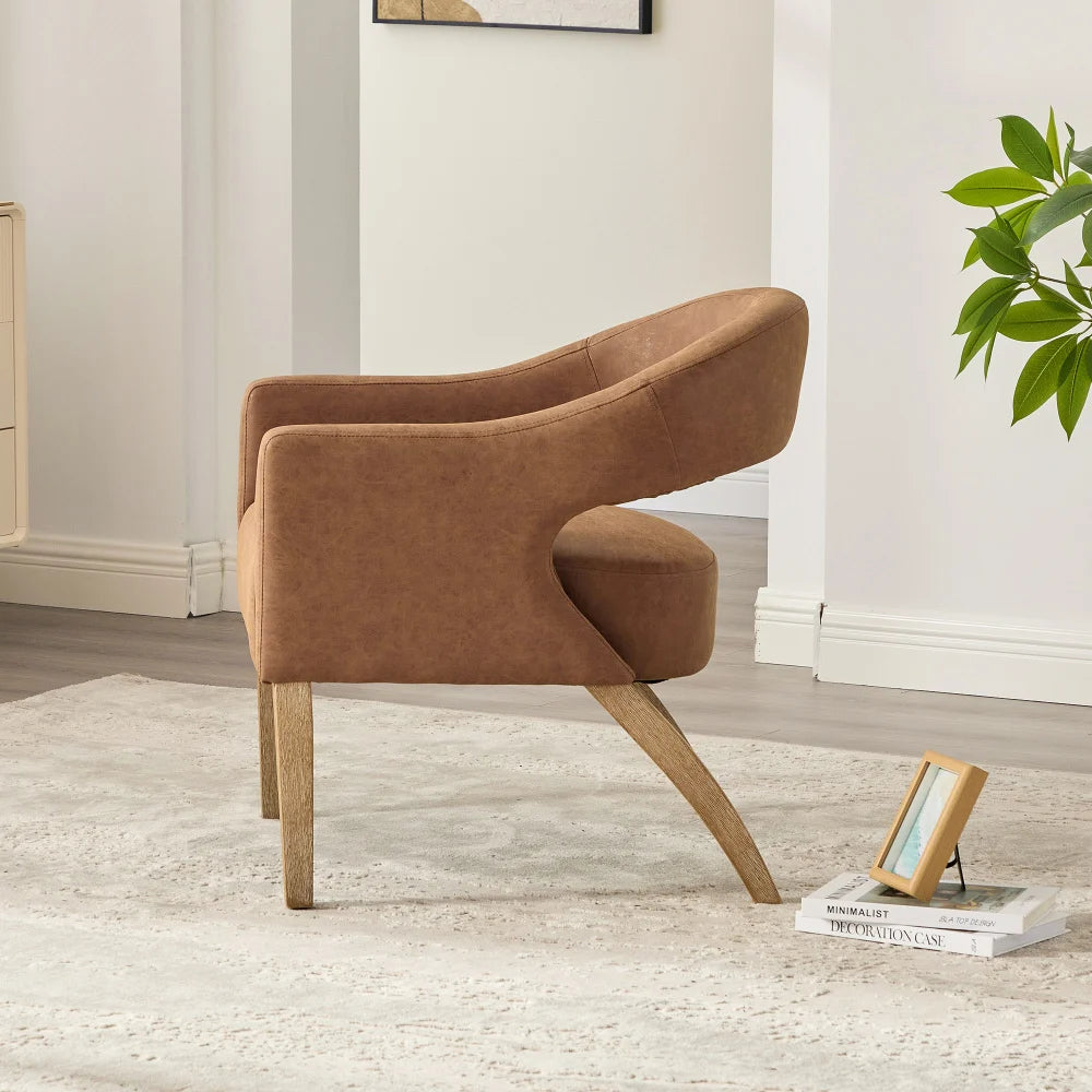 M Modern PU Leather Dinning Chair Barrel Open Back Upholstered Solid Wood Legs Salon Accent Chair