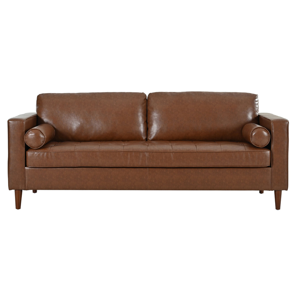Mirod Mid- Modern PU Leather 3-Seat Sofa Tufted Design Solid Wood Legs 2 Bolster Pillows Living Room Home Office